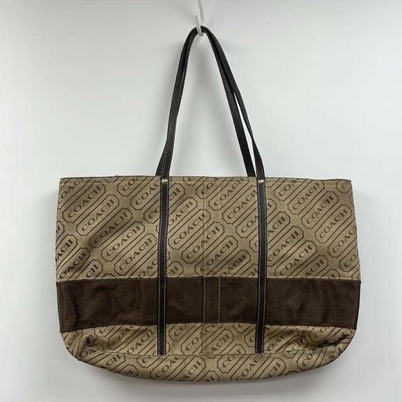 Coach Signature Lozenge Logo Canvas Shoulder Tote Bag Brown 18"x10"x3" - Picture 4 of 9